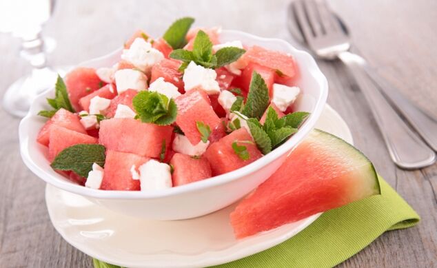 Watermelon salad with cheese and mint in the menu of the weekly watermelon diet