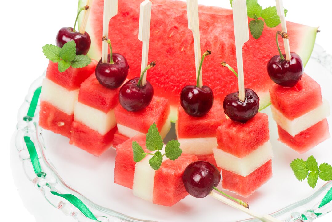 Watermelon, watermelon and cherry canapes - a savory dessert of the watermelon diet